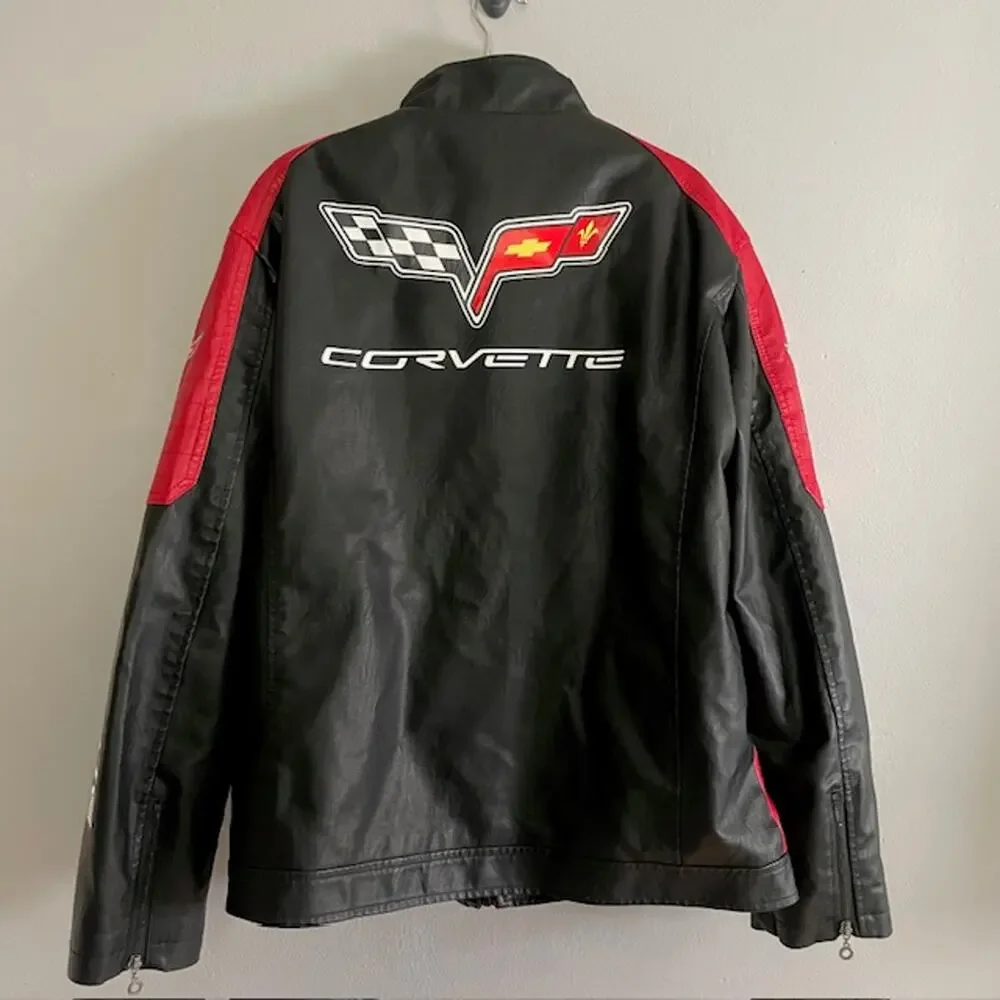 Corvette C7 Racing Jacket Black Red 2XL Faux Leather Moto Coat Streetwear Y2K